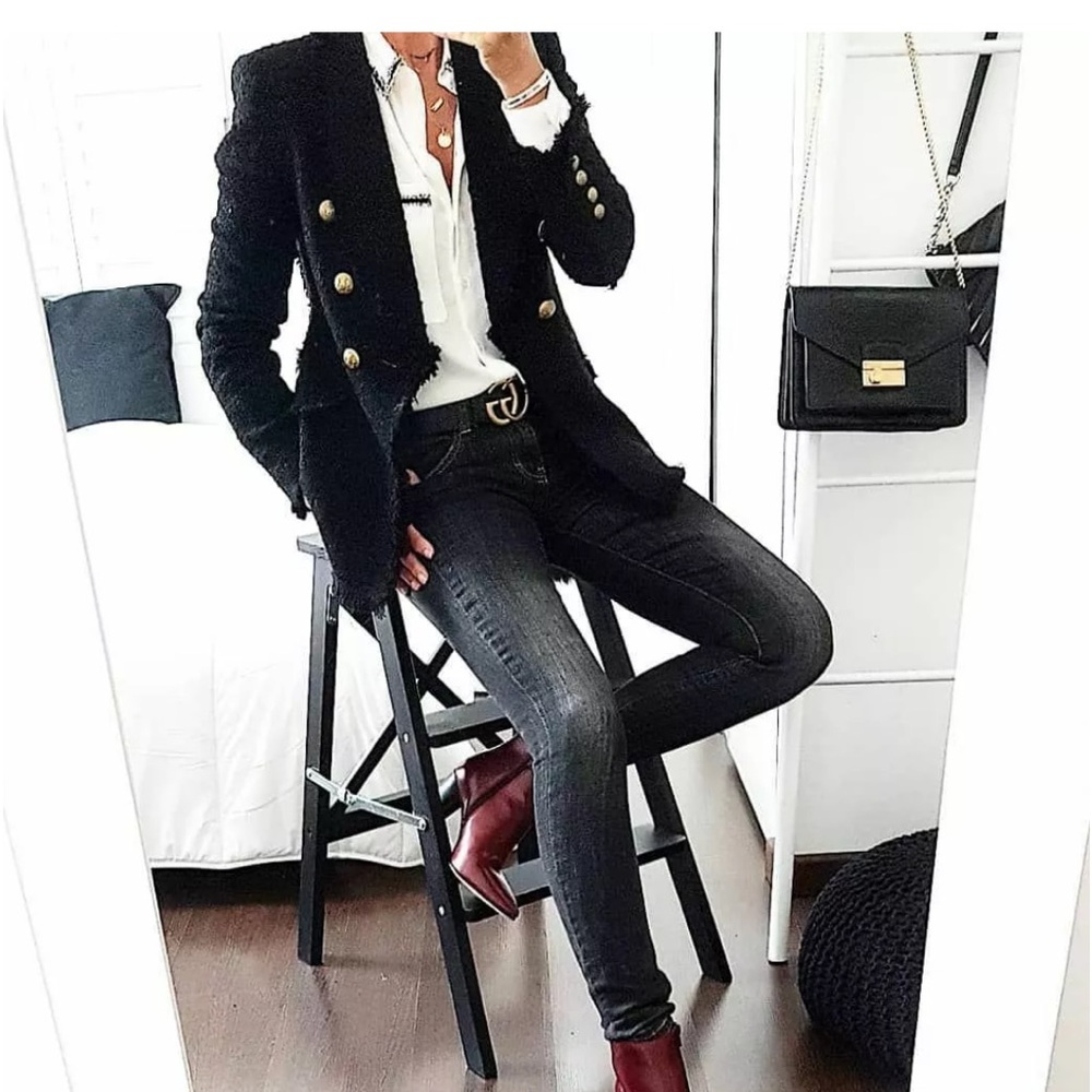 💛 Zara Black Tweed Frayed Blazer S 💛 - Picture 3 of 11